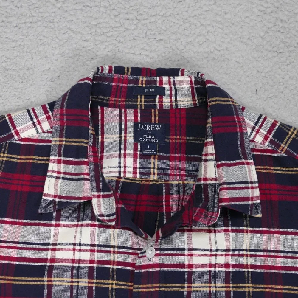 J Crew Oxford Shirt Mens Large SLIM Fit Red Navy Blue Plaid Long Sleeve